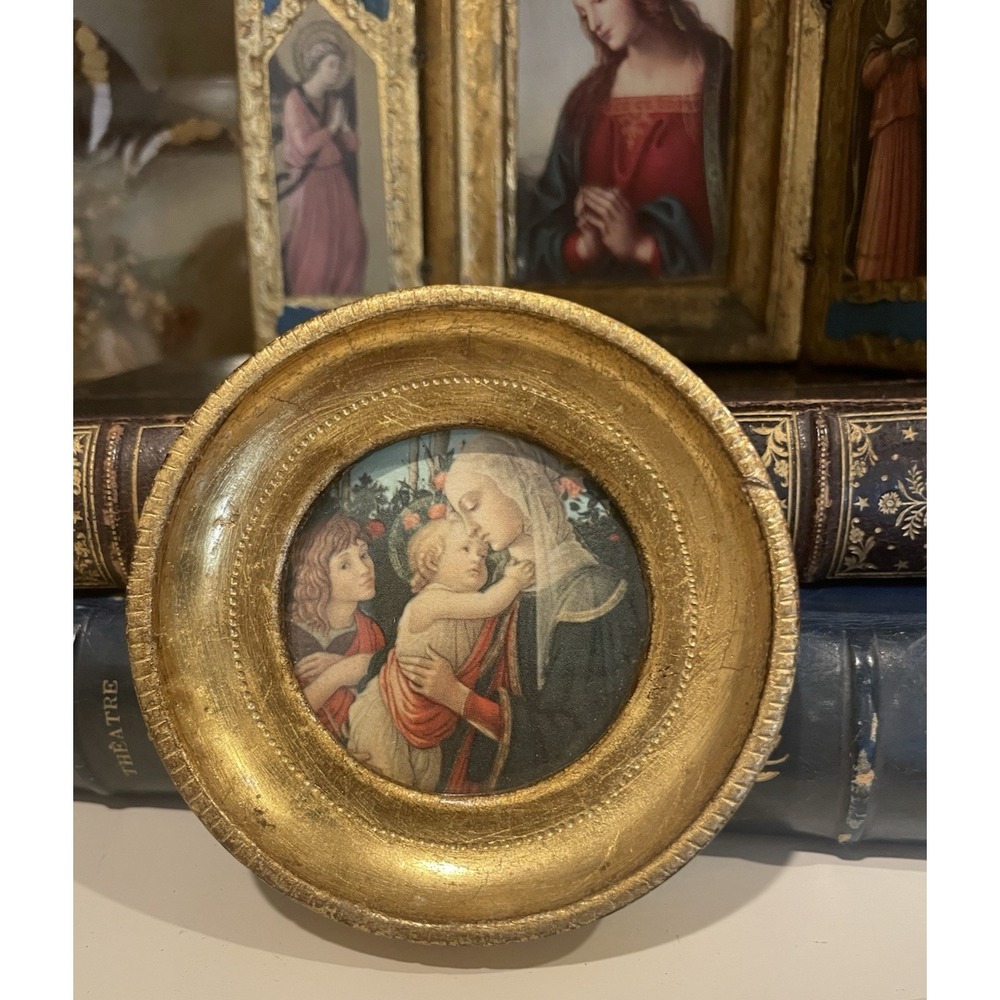 Vtg Italian Florentine Madonna Child Gold Gilt Wood 3" Mini Wall Plaque